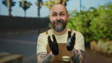 Açık şehir sokaklarında sakallı kel bir adam kahverengi tulumlu ve siyah eldivenli bulanık şehir arka planına karşı dövmelerini gösteriyor..