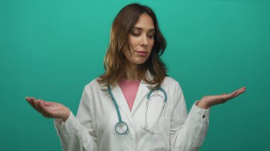 Soyutlanmış yeşil arka plan seçenekleri üzerinden steteskop hareketleriyle İspanyol kadın doktor..