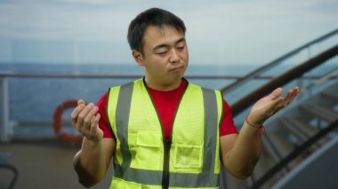 Yolcu gemisinde yansıtıcı yelek giyen bir adam okyanus manzarasına karşı düşünceli bir ifade takınarak sükunet ve yansımayı öneriyor..