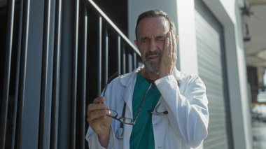 Beyaz önlüklü ve yeşil önlüklü doktor elinde gözlük ve dokunaklı yüzle dışarıda duruyor. Şehir mimarisinin ve parlak güneş ışığının arka planına karşı endişeli görünüyor..