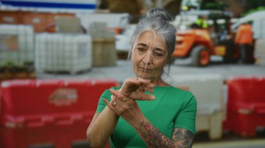 Gri saçlı ve dövmeli yaşlı bir kadın açık hava inşaatında bileğini dikkatle inceliyor..