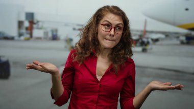 Havaalanı terminalinde kırmızı gömlekli bir kadın arka planda uçakla omuz silkiyor. Gri gökyüzü altında kafa karıştırıcı bir ifadeyle seyahat teması sergiliyor.