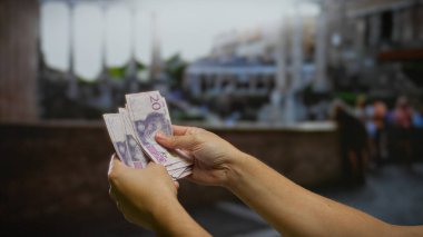 İsveç Krona 'yı elinde tutan bir adam şehir sokaklarında açık hava banknotları tutuyor. Şehir ortamında yatırım ve finansal işlemleri öneriyor..