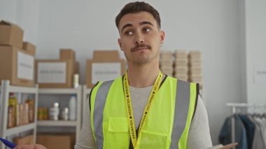 Yansıtıcı yelek giyen genç İspanyol adam, organize raflar ve kutular arasında bir pano tutarken el kol hareketi yaparak bir iç bağış merkezinde gönüllü oluyor..