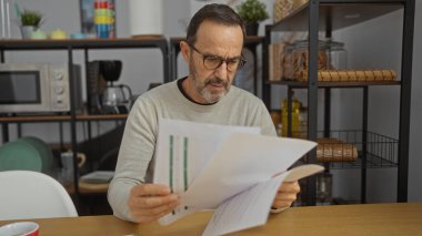 Olgun İspanyol bir adam dikkatli bir şekilde ofis ortamında doküman okuyor, modern dekorlarla dolu profesyonel bir atmosferde odaklanma ve konsantrasyon gösteriyor..