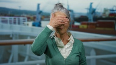 Deniz kıyısındaki limanda gri saçlı yaşlı bir kadın. Bir eli sanayi zemininde gülümsüyor..