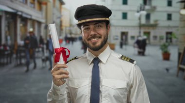 Elinde sertifikası olan pilot üniformalı genç bir adam coşkulu şehir sahnesinin ortasında gülümsüyor ve neşeli bir başarı sergiliyor..