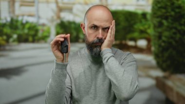 Şehir ortamında araba anahtarı tutan adam endişeli görünüyor. Elleri stresi yansıtan bir el. Şehir sokaklarında günlük giysiler içinde dikilirken..