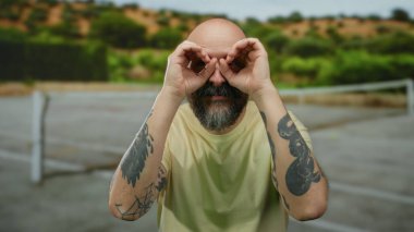 Tenis kortunda sakallı, sarı gömlekli ve yemyeşil arka planda görünen dövmeleri olan kel bir adam dürbünlü jest yapıyor.