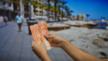 Deniz kenarında bir sokakta Filipinli peso tutan bir adam yaz tatilinde şehir dışında bir yere yatırım yapmayı öneriyor..