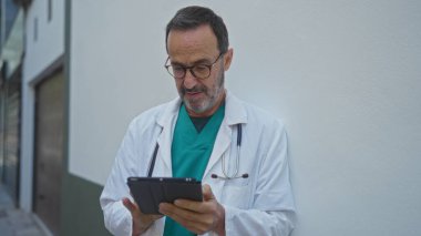 Beyaz önlüklü, olgun bir İspanyol doktor. Şehir sokağında duruyor. Tıbbi araştırma için tablet kullanıyor.