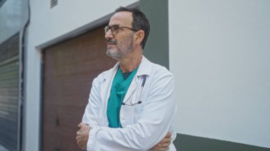 Beyaz önlüklü ve steteskop takmış olgun İspanyol bir adam şehir sokaklarında güvenle dikiliyor, profesyonellik ve bilgelik yayıyor..