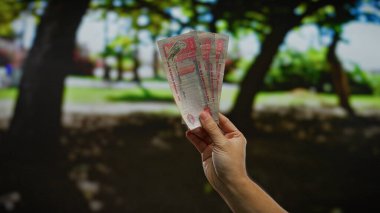 Kentsel park ortamında elinde Dirham banknotları tutan adam döviz kurunu ya da açık hava ticaretini sergiliyor..