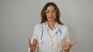 Beyaz önlüklü ve gözlüklü kadın doktor, beyaz arka planda stetoskop ile izole edilmiş elleri açık bir şekilde açıklıyor..