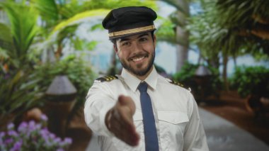 Kılavuz üniformalı, gülümseyen ve elini uzatan genç adam gür yeşil bir park ortamında canlı yeşillik ve rahat bir açık hava ortamı ile tokalaşıyor.