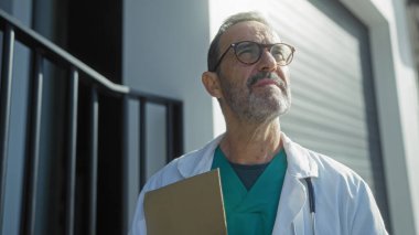 Bir şehir ortamında, dışarıda duran, düşünceli görünen, olgun, orta yaşlı bir profesyonel varlığın somutlaşmış İspanyol bir adam..