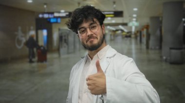 Sakallı ve gözlüklü genç adam, yoğun havaalanı koridorunda beyaz önlüklü, seyahat ya da kapalı alanda profesyonel bir nişan öneriyor..