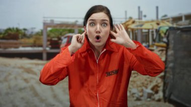 Deniz kenarındaki bir şantiyede turuncu tulumlu bir kadın, kulaklarını kapatırken, parlak bir gökyüzü ve endüstriyel geçmişiyle şaşkınlık ve hayal kırıklığını dile getiriyor..