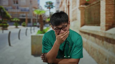 Şehir sokaklarında steteskop ve gözlükleriyle yeşil önlüklerle gülen genç bir adam.