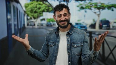 Sakallı ve kot ceketli İspanyol adam şehir sokaklarında yapraklı ağaçların altında dikiliyor..