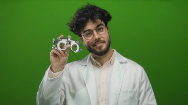Sakallı ve gözlüklü genç adam canlı yeşil bir arkaplan karşısında optometri ekipmanı tutuyor, beyaz önlük giyiyor, stüdyo ortamında kendine güvenen bir gülümseme sergiliyor..