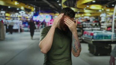 Kapalı alan etkinliğinin bulanık arka planıyla çevrili, hareketli havaalanı terminalinde yüzünü kapatan genç adam duyguları yakalıyor, erkek figürü öne çıkıyor..