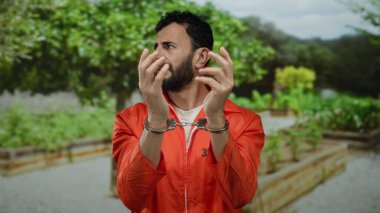 Ağaçlarla çevrili yeşil bir parkta elleri kelepçeli turuncu tulumlu İspanyol bir adam..