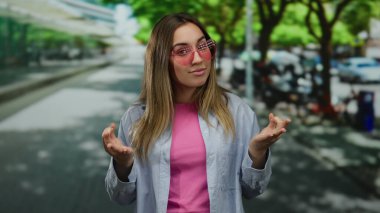 Güneşli bir sokak sahnesinde pembe gömlek ve güneş gözlüğü takmış, rahat bir ifade ve günlük kıyafetle meditasyon yapan bir kadın..