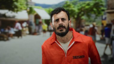 Turuncu hapishane tulumlu İspanyol sakallı bir adam kalabalık bir caddenin dışında duruyor. Etrafı bulanık insanlar ve yeşilliklerle çevrili. Kontrastlık ve gerginlik hissi veriyor..