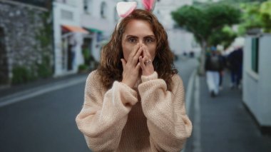 Tavşan kulaklı bir kadın şehir caddesinde şen şakrak bir süveter giyer ve şehir yaşamının bulanık arka planında şaşkınlığını ifade eder..