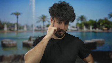 Parkta sakalları olan genç İspanyol bir adam parlak yeşilliğin arkasında düşünüyor ve işaret ediyor. Mavi gökyüzünün altındaki çeşme de tefekkür ve etkileşim öneriyor..