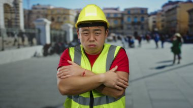 San Pedro Meydanı 'nda soğuktan titreyen çelik yelek ve miğfer giymiş Asyalı adam..
