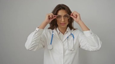 Kadın doktor, steteskoplu ve gözlüklü beyaz önlüklü, özgüvenle gülümsüyor, beyaz bir arka plana karşı duruyor, profesyonellik ve samimiyet saçıyor..