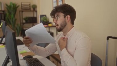 Modern ofis ortamında masa başında oturmuş sıcak ve odaklanmış tavırlar sergileyen sakallı genç bir adam.