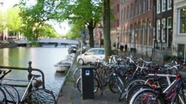 Bisikletler güneşli bir günde arka planda bulanık binalar ve yeşil ağaçlarla pitoresk kanal boyunca dizilmiş..