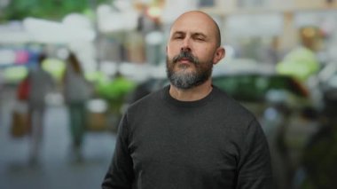 Şehir sokağında dikilen sakallı kel adam kapalı gözlerle ve bulanık şehir geçmişine karşı gevşek tavırlarla memnun görünüyor.