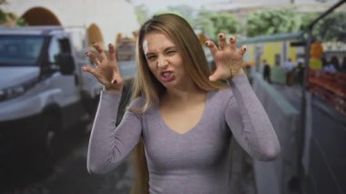 Genç bir kadın, bir şantiyede sahte bir kükremeyle neşeli bir şekilde poz veriyor, araçlar ve bina yapılarıyla çevrili, günlük gri bir tişört giyiyor..