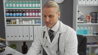 Klinikte çalışan bir doktor, dizüstü bilgisayara odaklanmış, tıbbi malzeme ve dosyalarla çevrili, boynunda steteskop olan beyaz bir ceket giyiyor..