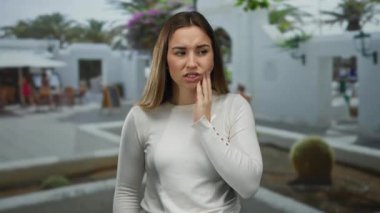 Dişi ağrıyan beyaz tişörtlü genç sarışın bir kadın yanağına dokunurken bir sokak ortasında duruyor, manzaralı bir şehir ortamında rahatsızlık ve acı gösteriyor..