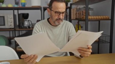 Ofis ortamında doküman okuyan bir adam, arkasında raflar ve mikrodalga fırın ile olgun ve odaklanmış bir çalışma ortamı sergiliyor..