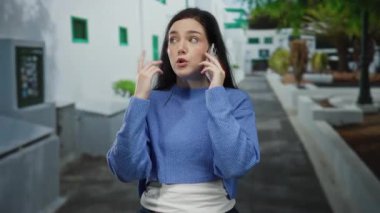 Meksika Village Caddesi 'nde telefonla konuşan bir kadın beyaz binalara ve yeşilliklere karşı düşünceli bir ifadeyle mavi kazak giyiyor..