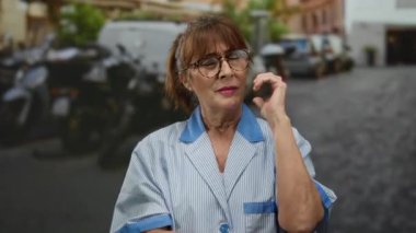 Üniformalı, kendinden emin, İspanyol bir kadın. Arka planda araçları olan bir şehir sokağında düşünceli bir şekilde duruyor. Çalışkan bir temizlikçinin görev başında olduğunu gösteriyor..