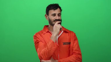 Turuncu hapishane tulumlu İspanyol sakallı adam canlı yeşil bir arka plana karşı düşünceli bir şekilde duruyor, tefekkür ve hapsedilmeyi simgeliyor..