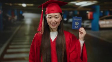 Kırmızı mezuniyet elbisesi giymiş bir kadın, otoparkın içinde elinde Kuzey Kore pasaportu tutarak güvenle gülümsüyor ve eğitici başarılar elde ediyor..