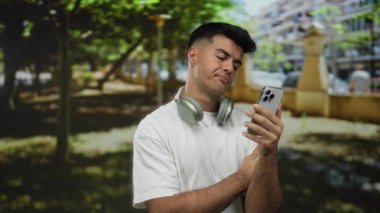 Kulaklıklı genç bir adam parktaki akıllı telefona bakıyor, yeşilliklerle çevrili, açık şehir ortamında düşünceli bir ifade sergiliyor..
