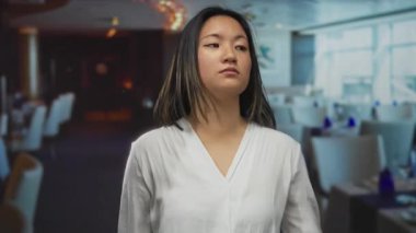 Çinli bir kadın kapalı bir restoranda yemin jesti yapıyor. Odaklanmış bir ifadeyle modern bir arkaplana karşı samimiyet ve ciddiyet anı yakalıyor..