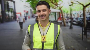 Yansıtıcı yelek giyen İspanyol adam şehrin caddesinde ağaçlar ve binalar arasında gönüllü olarak dolaşıyor, güvenle gülümsüyor.