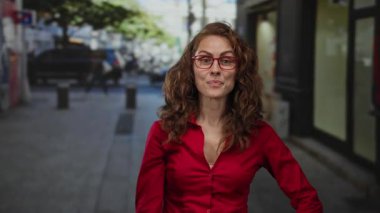 Gözlüklü ve kırmızı tişörtlü bir kadın şehir sokaklarında gündüz vakti sürpriz yapıyor..