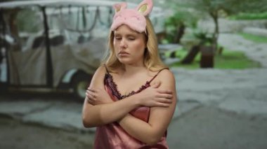 Gecelikli genç sarışın kadın otoparkta görünür bir şekilde duruyor, göz maskesi takıyor ve üşümüş görünüyor..