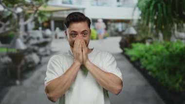 Sakallı genç bir adam şehir caddesinde şaşkın bir şekilde beliriyor, elleri açık yeşil bir arka planda, neşeli bir hareketle gözlerini örtüyor..